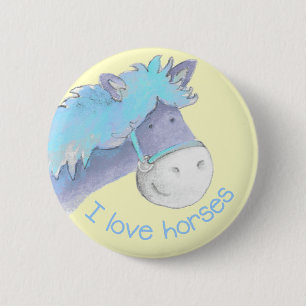 Badge Rond 5 Cm J'aime des chevaux me boutonne/insigne bleu et