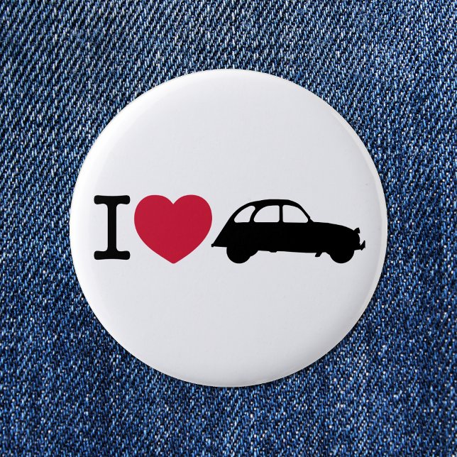 Badge Rond 5 Cm J'aime Deux Chevaux Old Timer Car (I love 2CV Button in White with a Black Typography and Illustration)