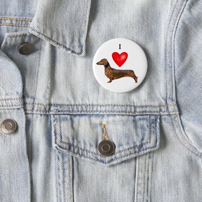 Badge Rond 5 Cm J'Aime Mon Coeur Rouge Dachshund (En situation)