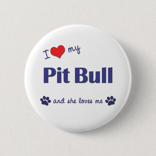 Badge Rond 5 Cm J'aime mon pitbull (le chien femelle)