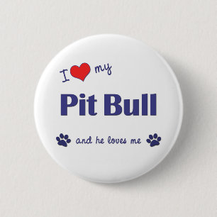 Badge Rond 5 Cm J'aime mon pitbull (le chien masculin)