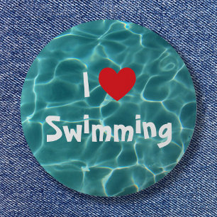 Badge Rond 5 Cm J'aime Nager Cœur Rouge avec Eau de Piscine Aqua