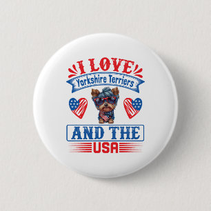 Badge Rond 5 Cm J'aime Yorkshire Terriers et les USA 01