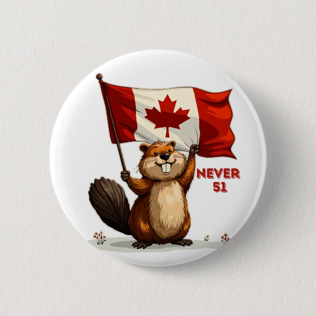 Badge Rond 5 Cm Jamais 51, Castor, Feuille d'érable à drapeau cana (Devant)