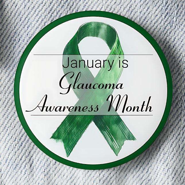 Badge Rond 5 Cm Janvier Mois de sensibilisation au glaucome (January is Glaucoma Awareness Month pinback button.  Green awareness ribbon.)