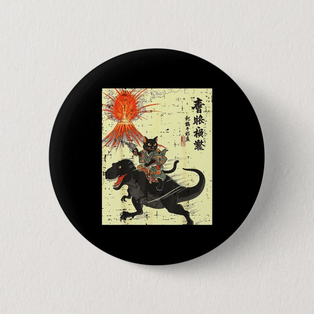 Badge Rond 5 Cm Japanese Black Cat On Trex Funny Ukiyo-e Boys Kids (Devant)