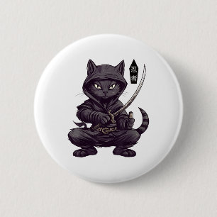 Badge Rond 5 Cm Japonais Samurai Chat Noir Tattoo, Kawaii Ninja Bl