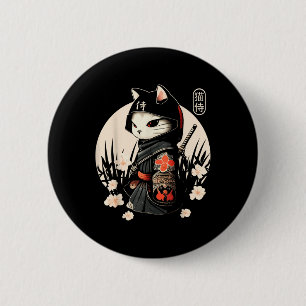 Badge Rond 5 Cm Japonais Samurai Chat Tattoo, Kawaii Ninja Chat _1