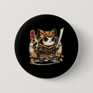 Badge Rond 5 Cm Japonais Samurai Chat Tattoo, Kawaii Ninja Chat _3