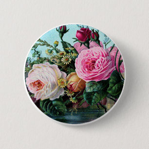 Badge Rond 5 Cm Jardin anglais vintage Rose Art, cadeau shabbychic