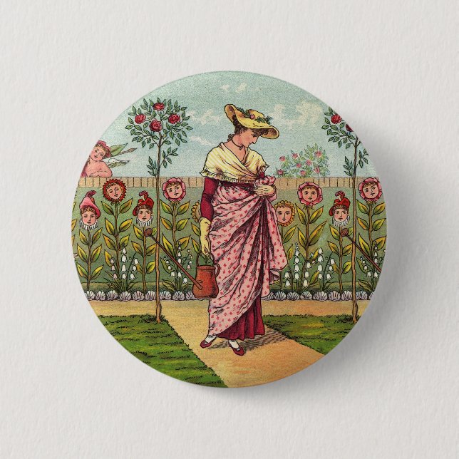 Badge Rond 5 Cm Jardin Cultivation Flower Woman Art Antique (Devant)