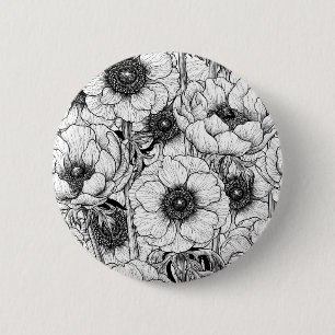 Badge Rond 5 Cm Jardin d'anémones en noir et blanc