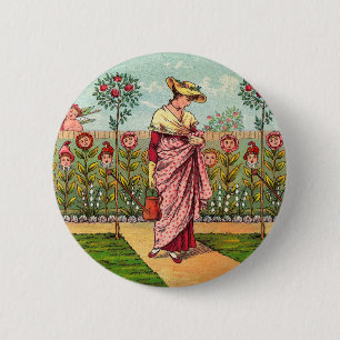 Badge Rond 5 Cm Jardin Fleurir Femme Art Antique