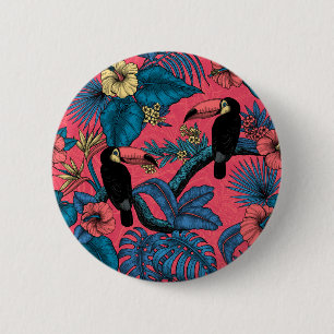 Badge Rond 5 Cm Jardin toucan en rouge et bleu
