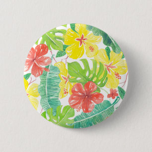 Badge Rond 5 Cm Jardin tropical, plumeria hibiscus et feuilles de