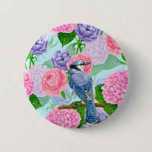 Badge Rond 5 Cm Jay bleu et fleurs motif aquarelle