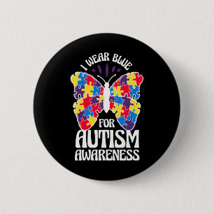 Badge Rond 5 Cm Je Porte Du Bleu Pour L'Autisme Papillon De Sensib