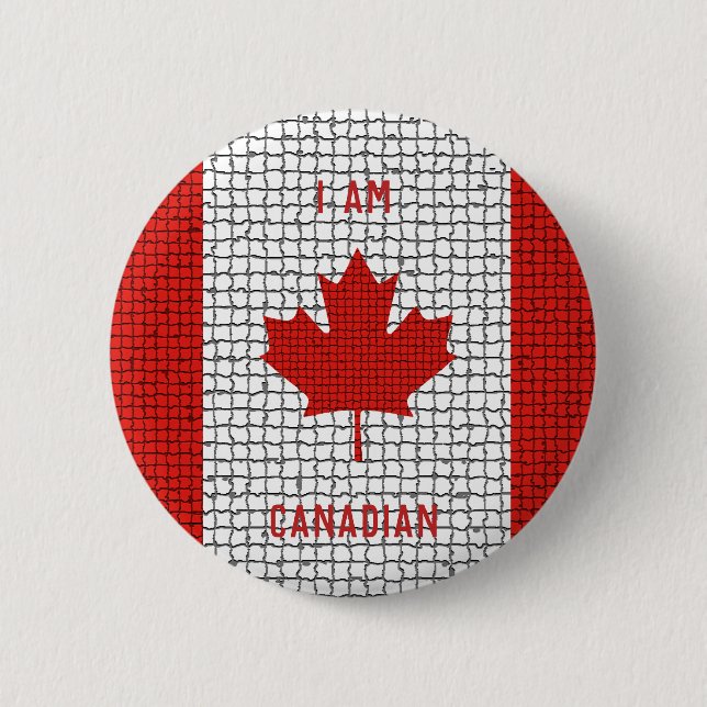 Badge Rond 5 Cm JE SUIS CANADIEN Drapeau en mosaïque rouge et blan (Devant)