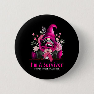 Badge Rond 5 Cm Je suis un Gnome Survivant Ruban Rose Cancer Sein