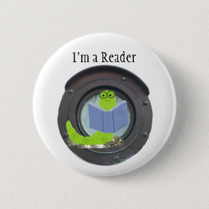 Badge Rond 5 Cm Je suis un lecteur, bouton Ver de livre