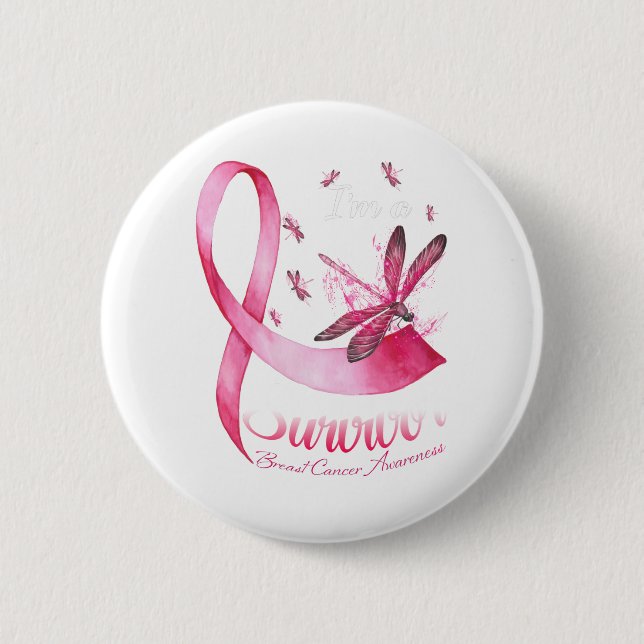 Badge Rond 5 Cm Je suis Un Survivant Dragonfly Pink Ribbon Cancer  (Devant)