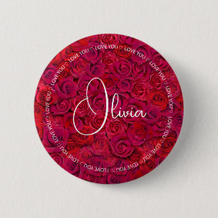 Badge Rond 5 Cm Je T'Aime Nom Personnalisé Roses Rouges Amour