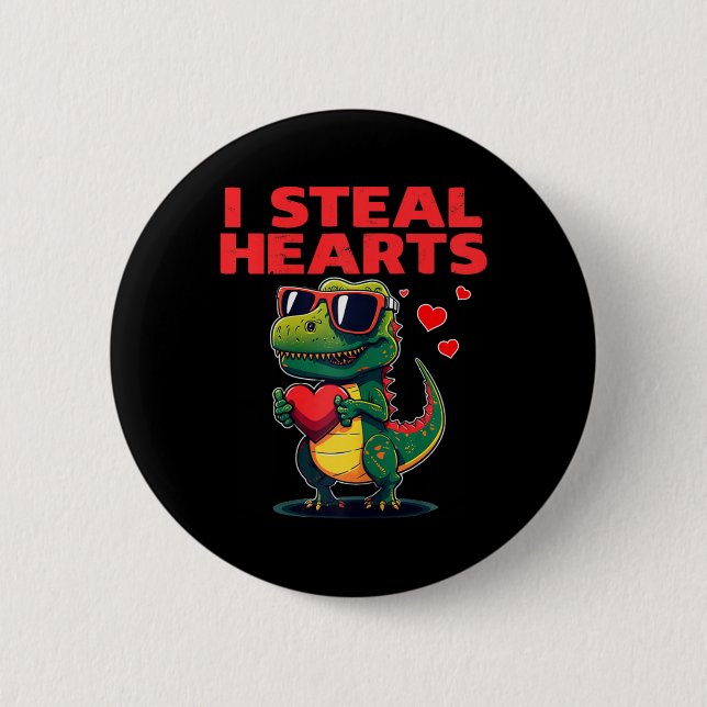Badge Rond 5 Cm Je vole des cœurs T-rex Mignon Saint-Valentin (Devant)