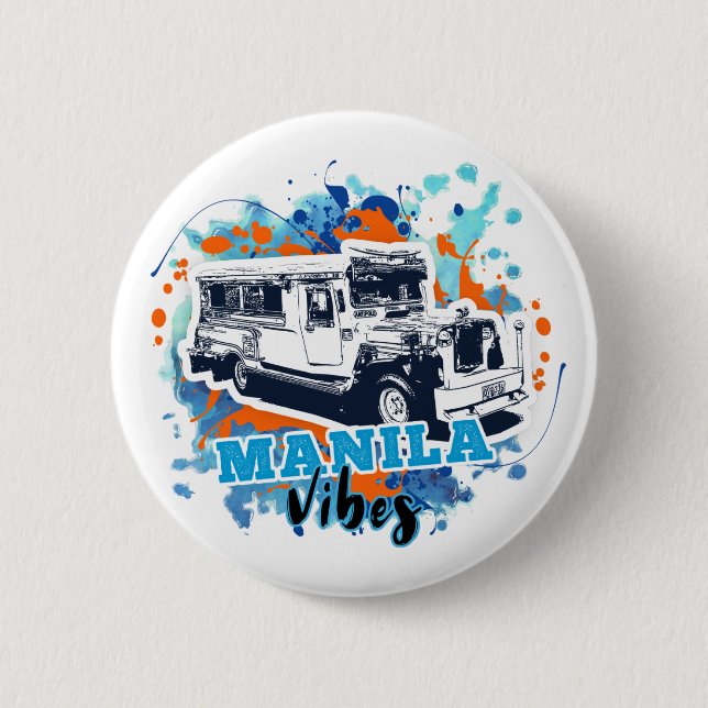 Badge Rond 5 Cm Jeepney Manille Vibes Bleu Orange (Devant)