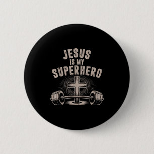 Badge Rond 5 Cm Jésus Est Mon Superhéros Barbell Drôle Travail Chr
