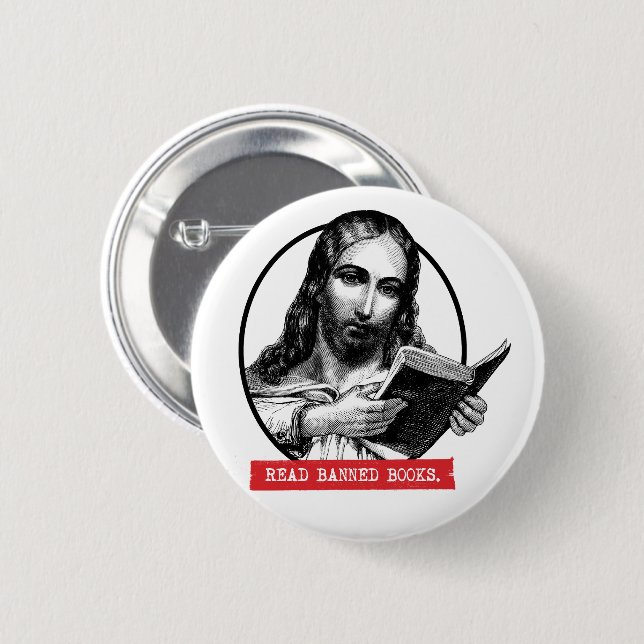 Badge Rond 5 Cm Jésus Lit Des Livres Interdits (Devant & derrière)