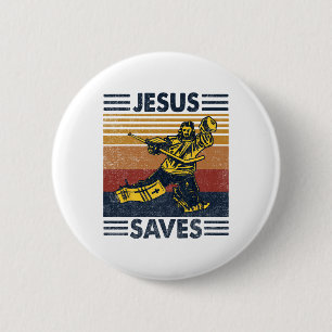 Badge Rond 5 Cm Jésus Sauve Gardien de Hockey sur Glace Sport Reli
