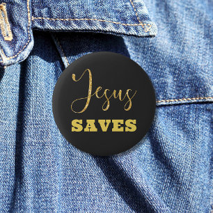 Badge Rond 5 Cm Jesus Saves Yellow Gold Parties scintillant