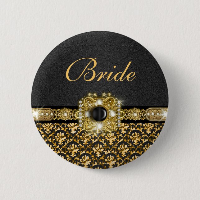 Badge Rond 5 Cm Jeune mariée noire de mariage damassé d'or (Devant)