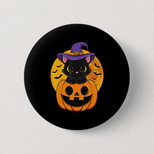 Badge Rond 5 Cm Joli Casquette Halloween Chat Noir Sorcière Citrou