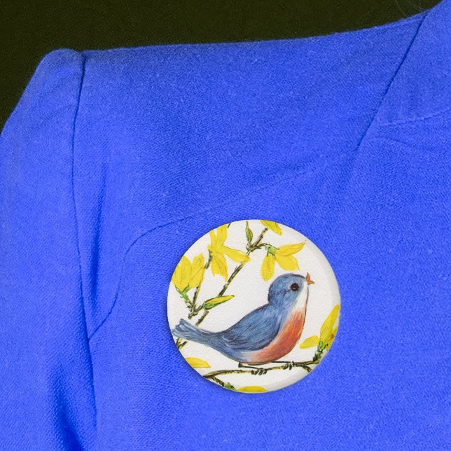 Badge Rond 5 Cm Joli Chanteur Oiseau Bleu Arbre (Pretty red blue bird on branch with pretty yellow flowers on textured white pin back button.)
