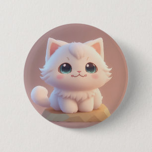 Badge Rond 5 Cm Joli Chat Blanc Fluffy aux Grands Yeux