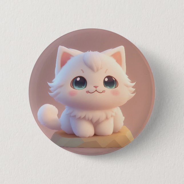 Badge Rond 5 Cm Joli Chat Blanc Fluffy aux Grands Yeux (Devant)