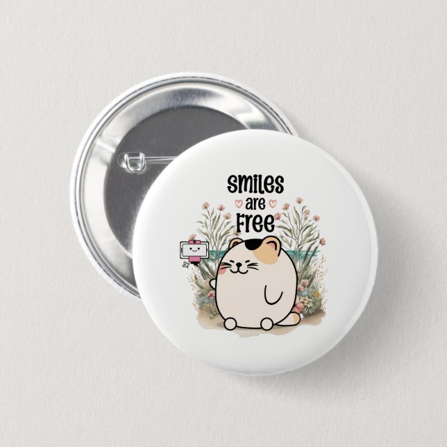 Badge Rond 5 Cm Joli Chat "Les Sourires Sont Gratuits" Message Pos (Devant & derrière)