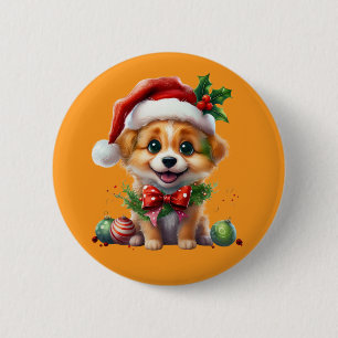 Badge Rond 5 Cm Joli chiot de Noël avec le chapeau de Père Noël et