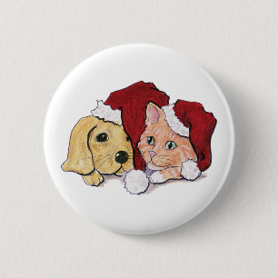 Badge Rond 5 Cm Joli chiot Labrador de Noël et chat orange tigré