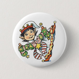 Badge Rond 5 Cm Joli Elfe Heureux Danse, Dessin Animé de Noël Rétr