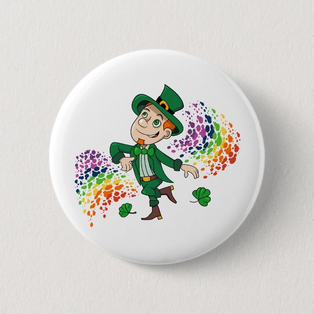 Badge Rond 5 Cm Joli et souriant dancing leprechaun, un arc-en-cie (Devant)