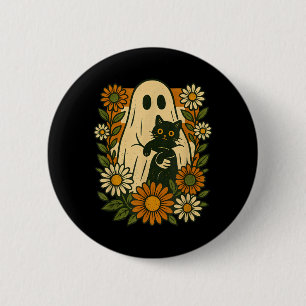 Badge Rond 5 Cm Joli fantôme tenant un chat noir floral funky drôl