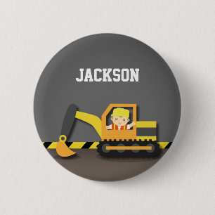 Badge Rond 5 Cm Joli garçon constructeur excavatrice orange mignon
