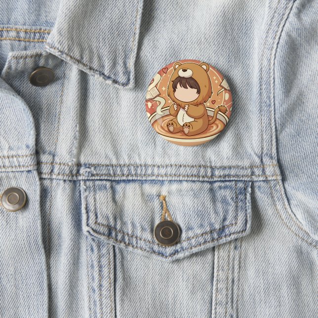 Badge Rond 5 Cm Joli garçon lion buvant du café (En situation)