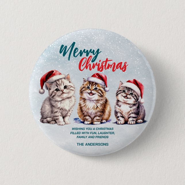Badge Rond 5 Cm Joli kitty chat au père Noël aquarelle  Joyeux Noë (Devant)
