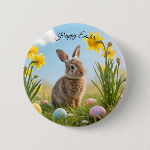 Badge Rond 5 Cm Joli lapin de Pâques et jonquille