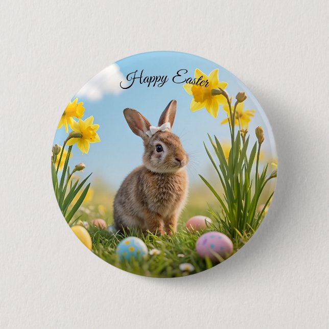 Badge Rond 5 Cm Joli lapin de Pâques et jonquille (Devant)