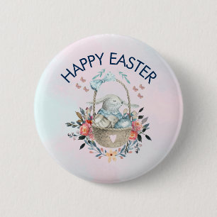 Badge Rond 5 Cm Joli lapin en Panier et jolies fleurs de Pâques