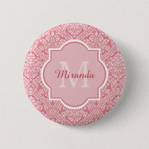 Badge Rond 5 Cm Joli Motif de Damas rose Monogramme avec nom